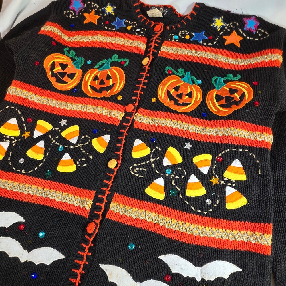 Vintage Halloween Cardigan Black XL Sweater Pumpkins Bats Candy Corn Sequins